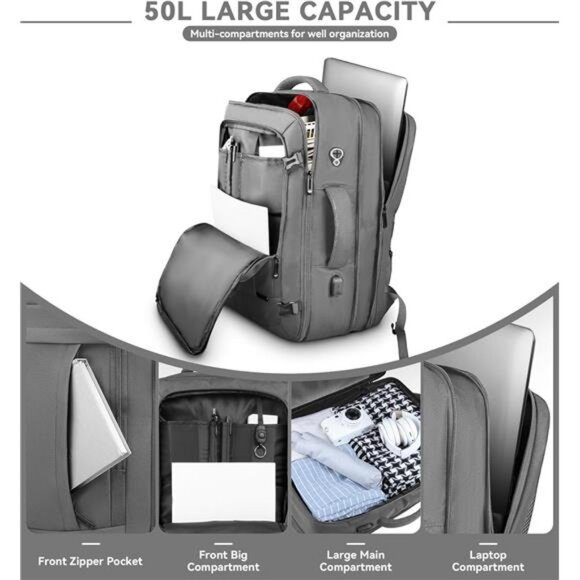 Carry On Backpack, 50L Extra Travel Laptop Backpack for Men Women, Big Bag main image 5